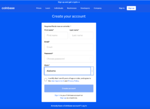 صفحه‌ی ثبت‌نام کوین‌بیس